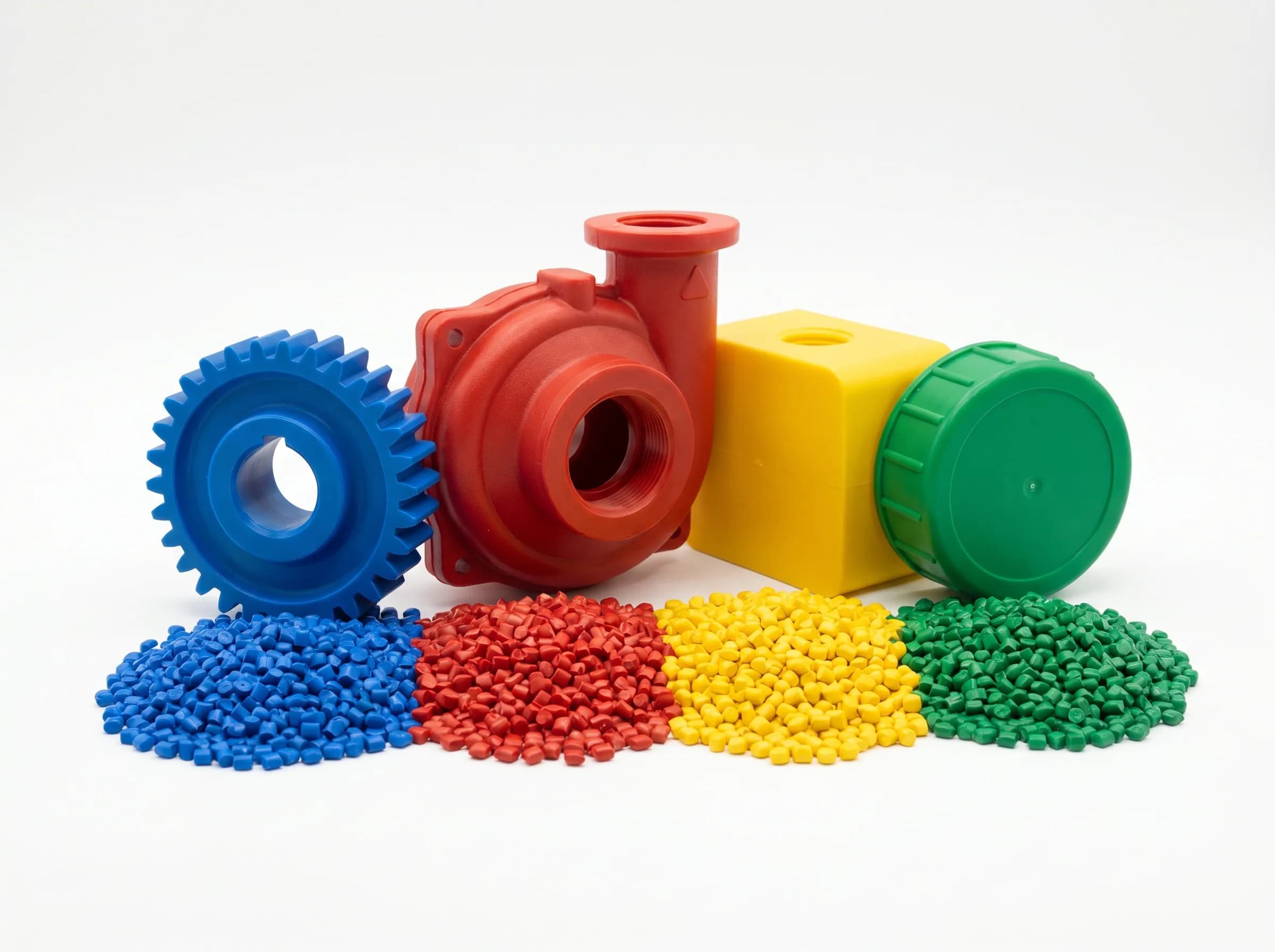 Farklı renk ve malzemelerde enjeksiyon kalıplanmış plastik parçalar ve granüller